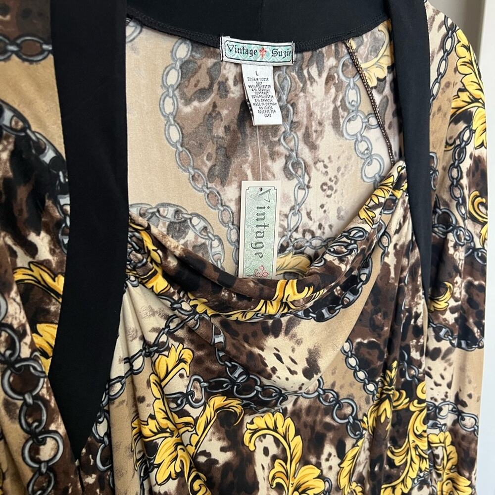 Vintage Suzie Baroque Chain Print Cowl Neck Top Y2K Brown Gold Stretch Blouse L - Picture 3 of 9